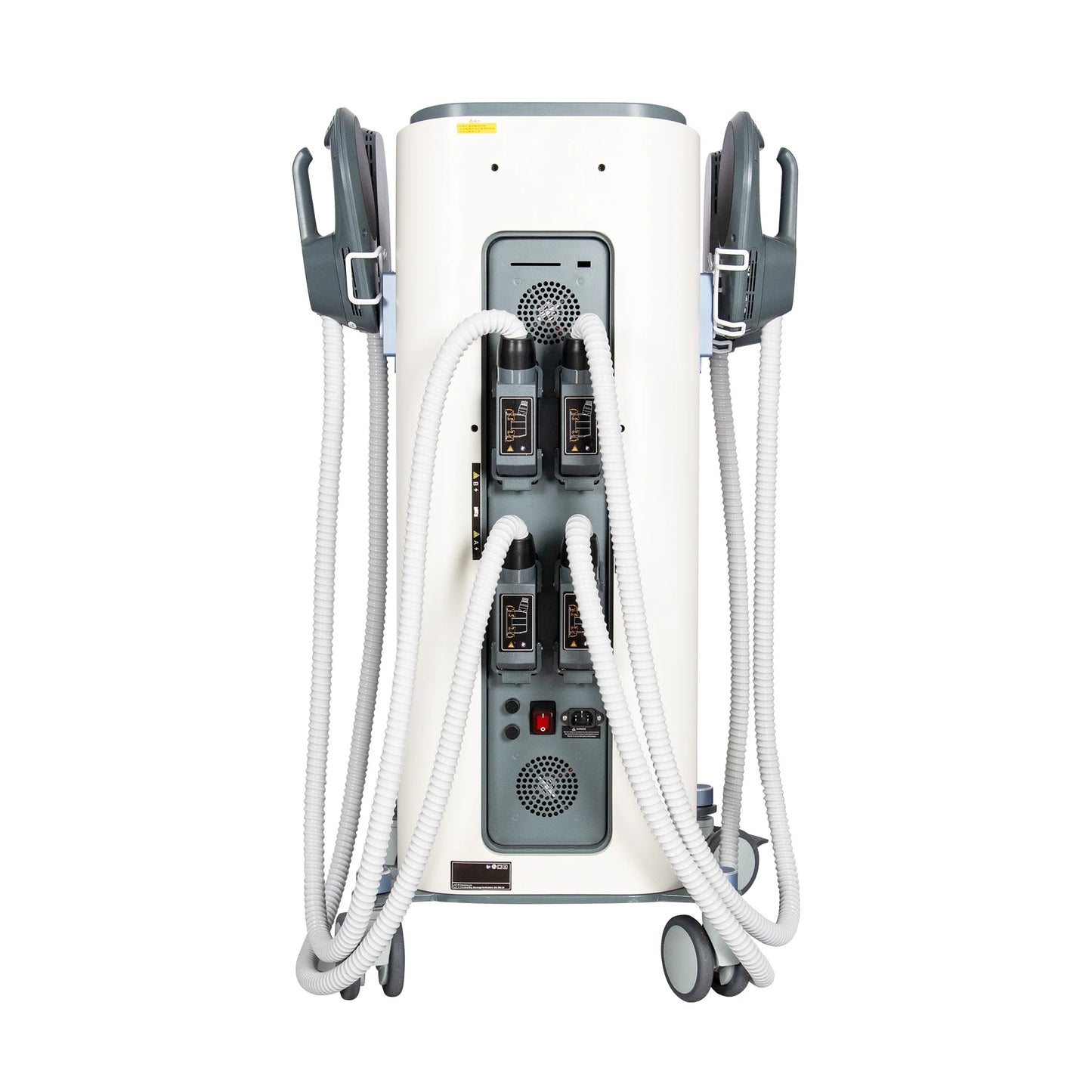 Medical device with multiple hoses and ports on a white background